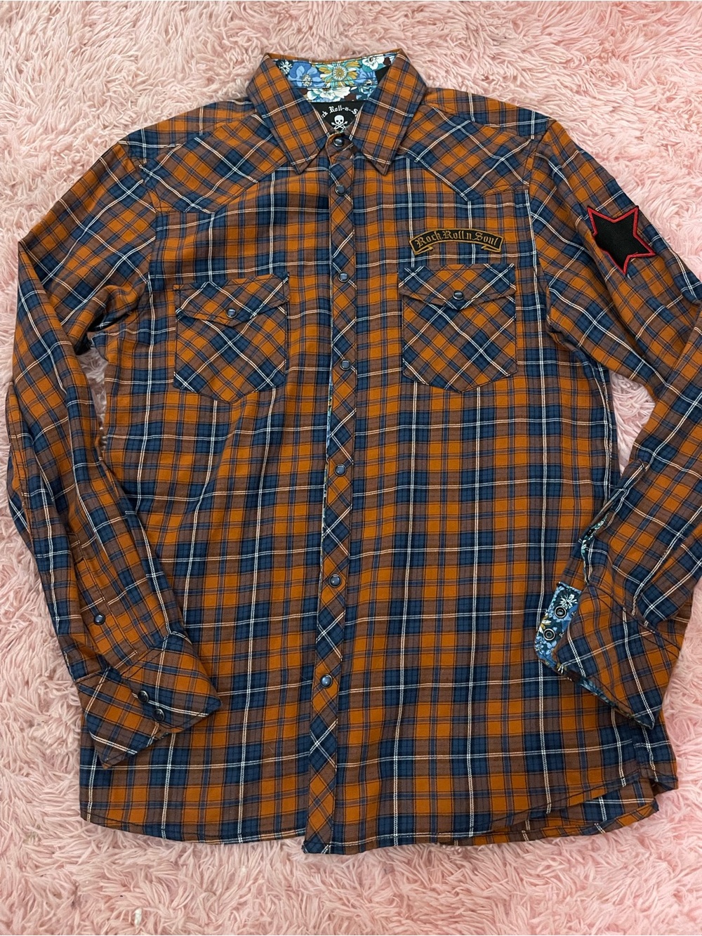 Rock Roll n Soul Plaid Button Down Mens M Western Snap Cotton Patch Flannel